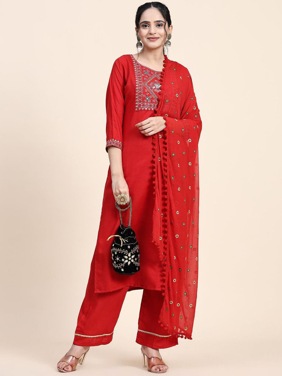 

Siya Fashion Ethnic Motifs Yoke Design Sequinned Straight Kurta With Palazzos & Dupatta, Red