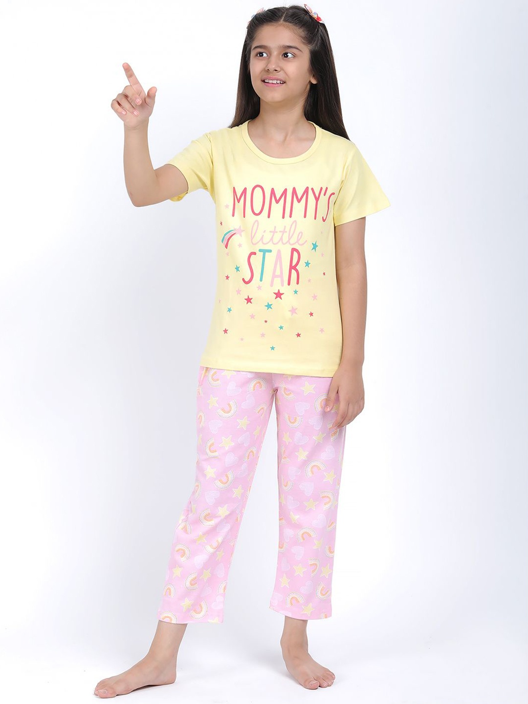 

Elzoh Girls Printed Pure Cotton T-Shirt & Pyjama Night suit, Yellow