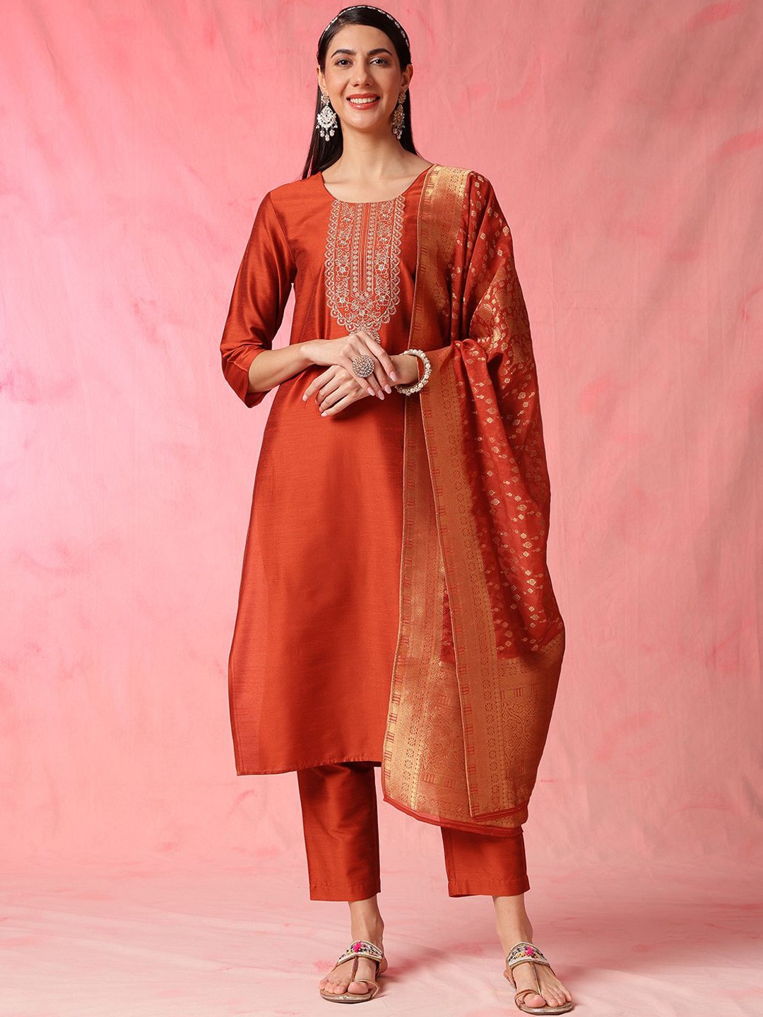 

Anouk Floral Yoke Design Regular Thread Work Straight Kurta With Trousers & Dupatta, Rust