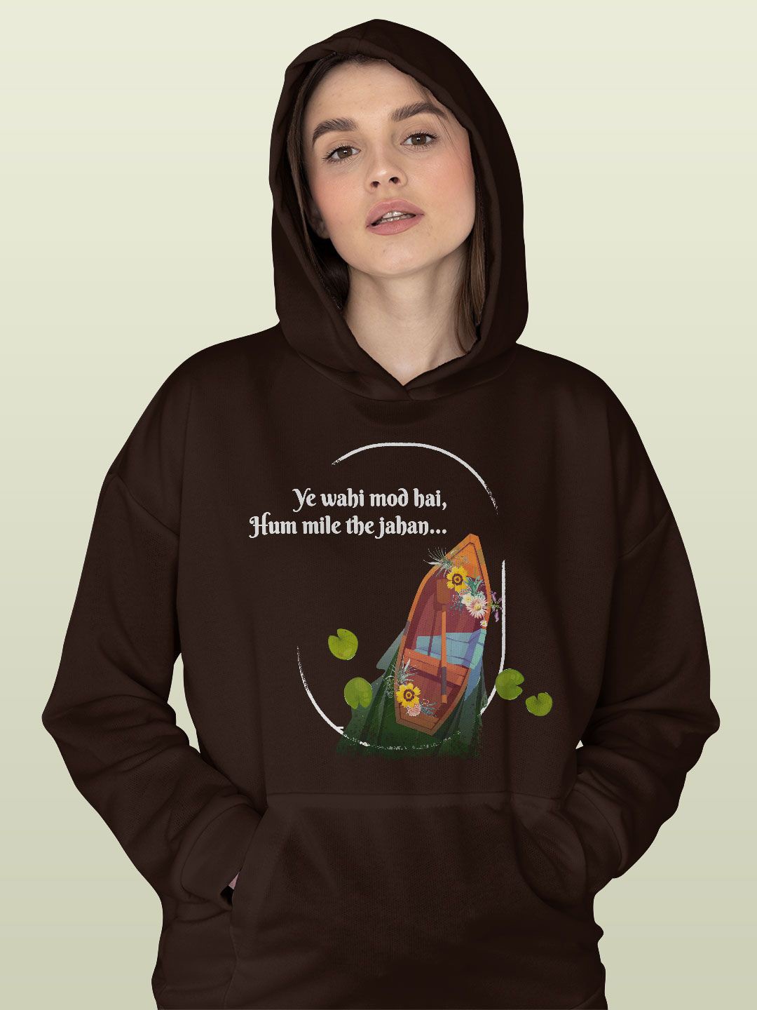 

macmerise Women Printed Hooded Sweatshirt, Brown