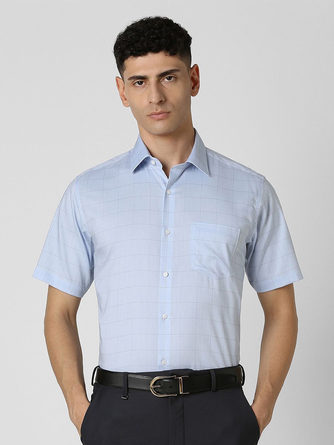 

Van Heusen Men Spread Collar Textured Printed Cotton Formal Shirt, Blue