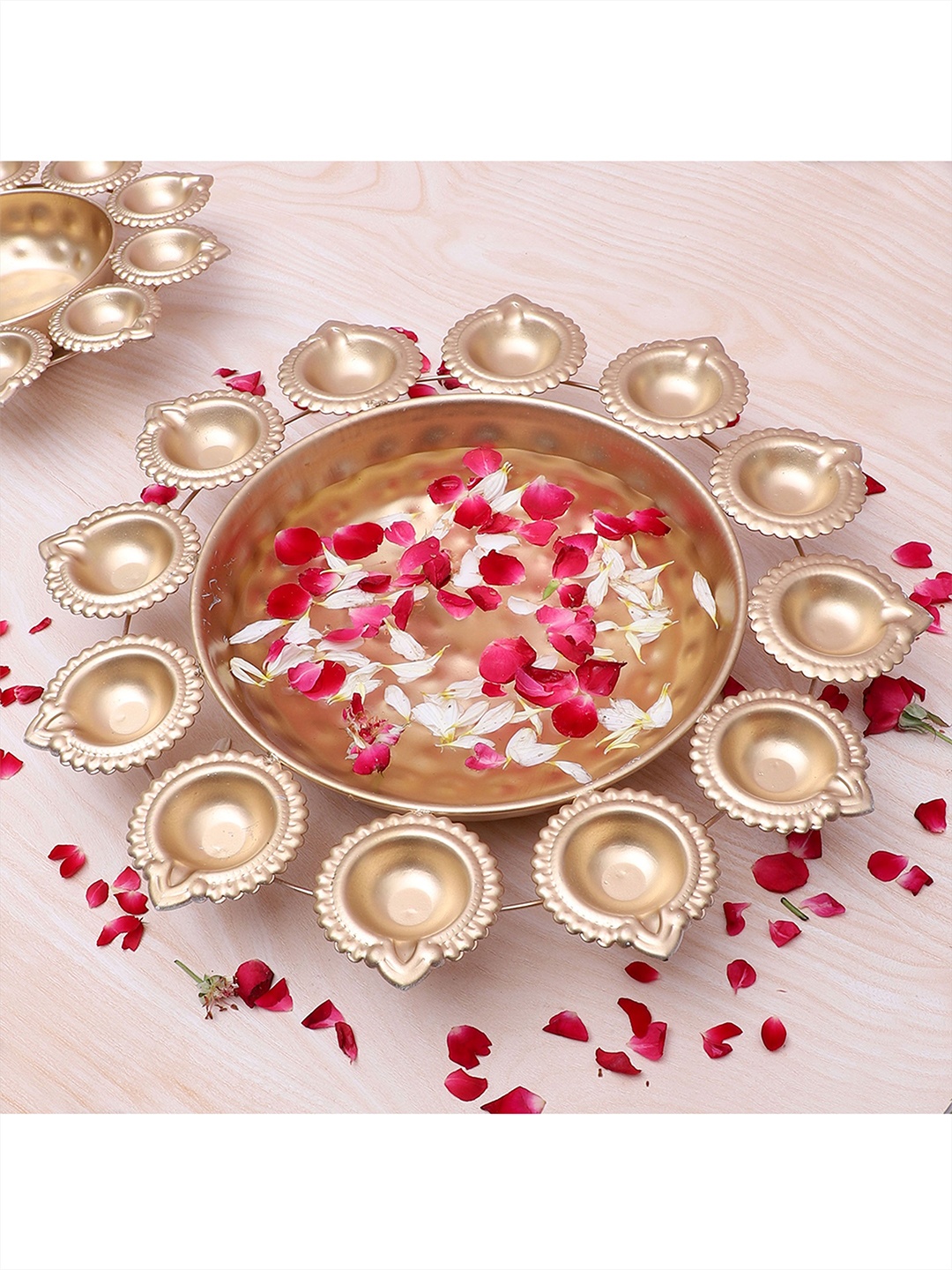 

Two Moustaches Gold Toned Floral Design Decorative Bowl With Diyas
