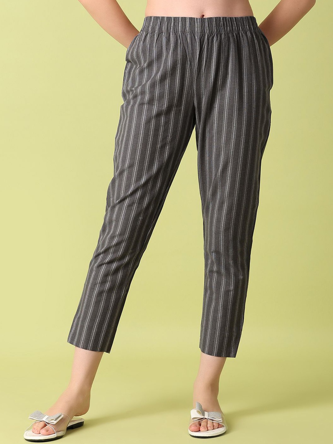 

V-Mart Women Striped Mid-Rise Regular Fit Chinos Trousers, Black