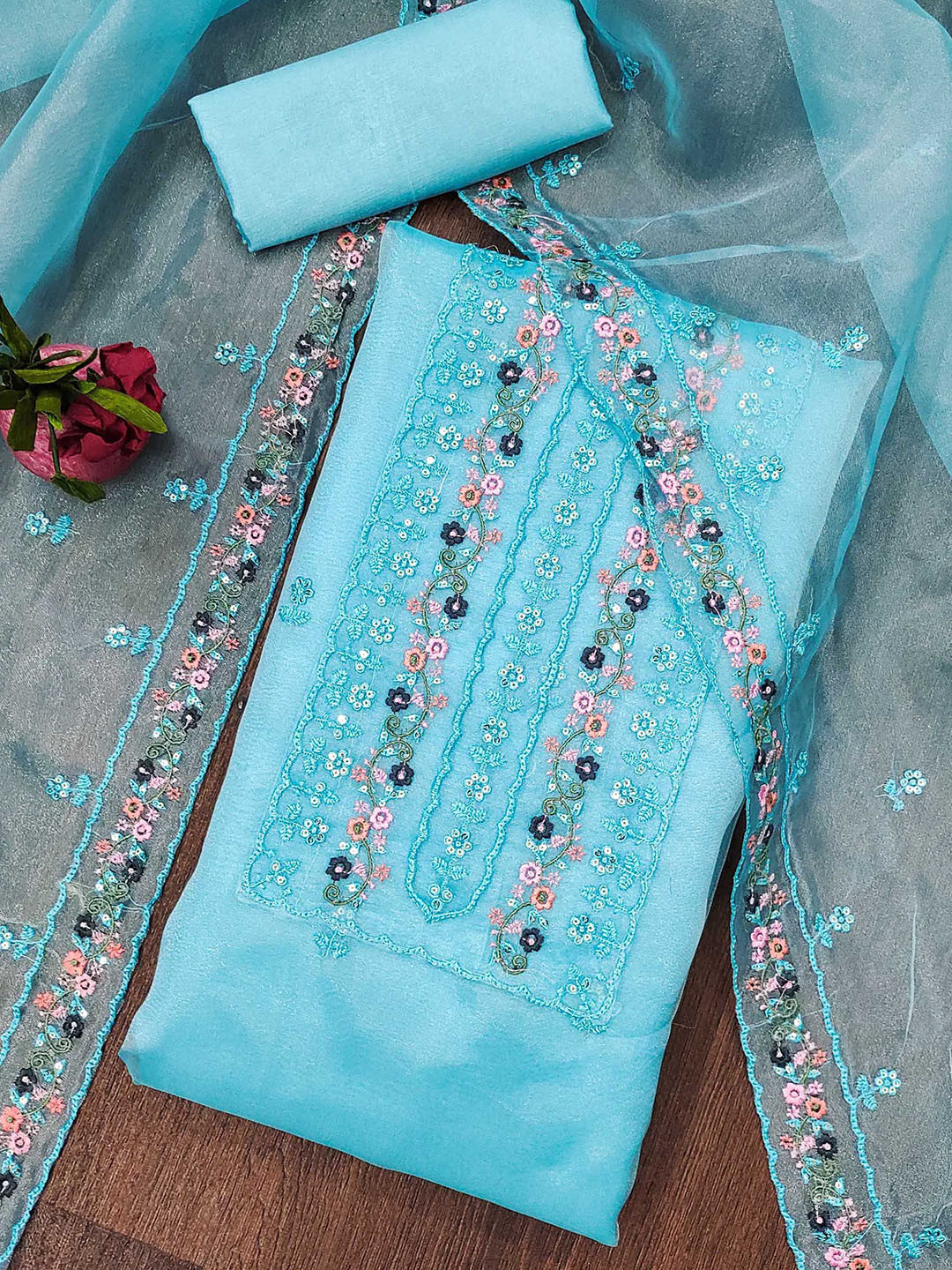 

KALINI Floral Embroidered Sequinned Organza Unstitched Dress Material, Blue
