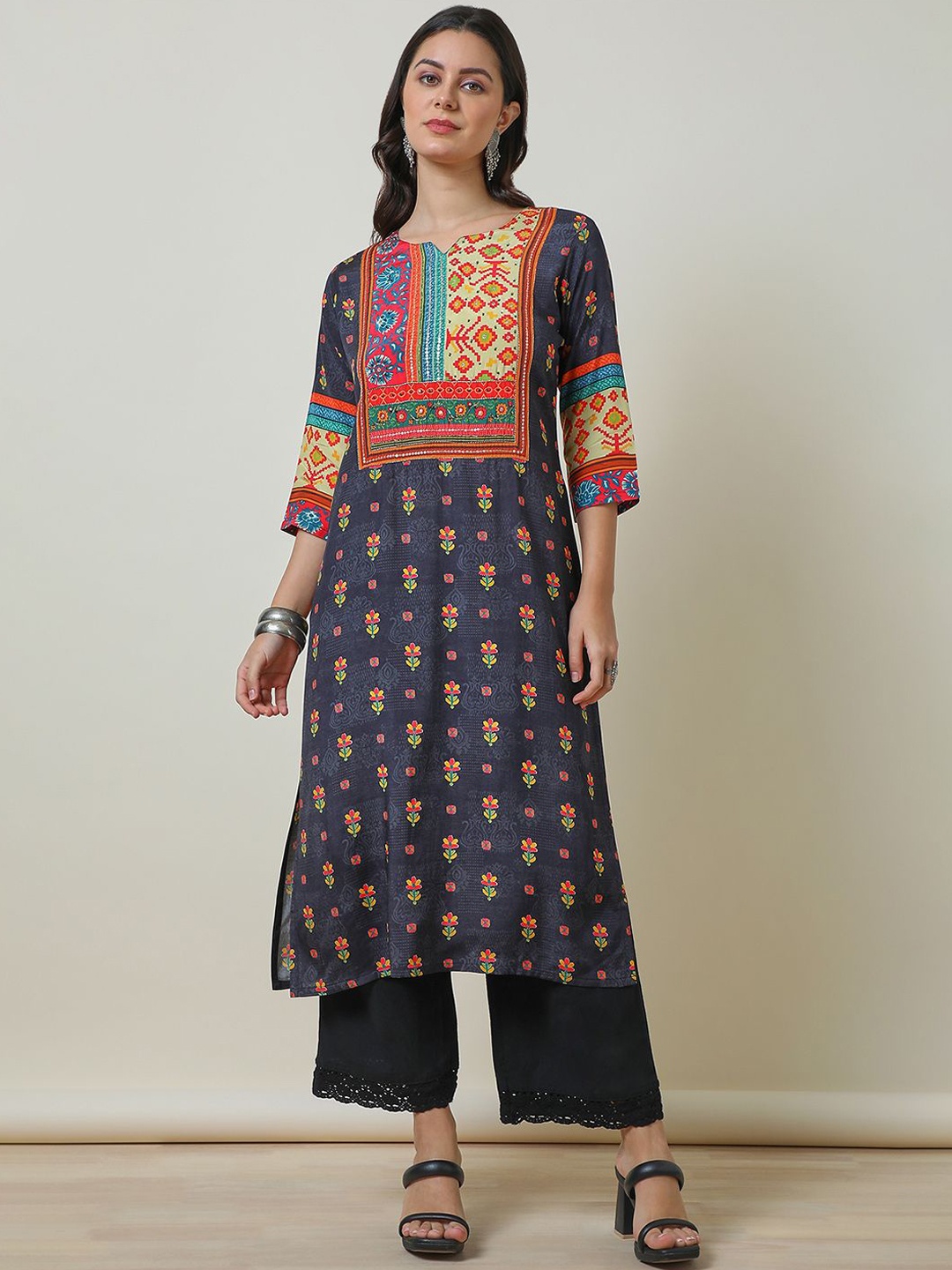 

Soch Ethnic Motifs Printed Sequinned Straight Kurta, Black