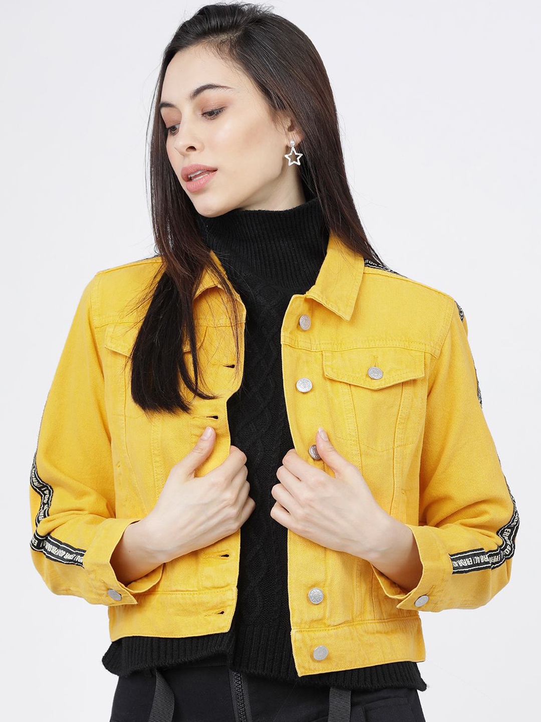 

Tokyo Talkies Women Colourblocked Crop Tailored Jacket with Embroidered, Yellow