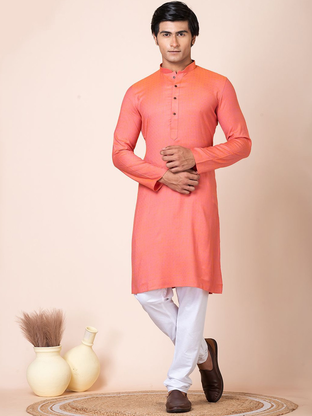 

HU - Handcrafted Uniquely Mandarin Collar Pure Cotton Kurta with Churidar, Peach