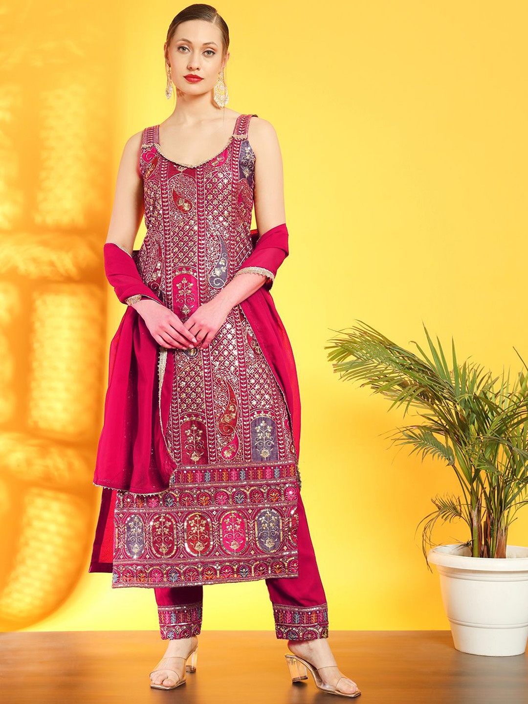 

Chhabra 555 Ethnic Motifs Embroidered Sequinned Kurta With Trousers & Dupatta, Magenta