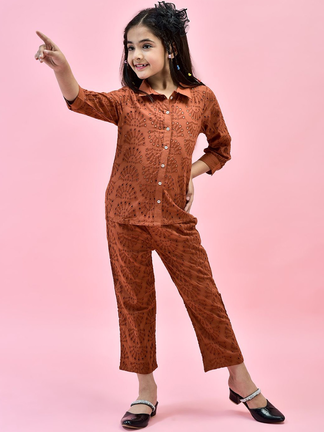 

Juniper Girls Self-Design Shirt With Trousers, Rust