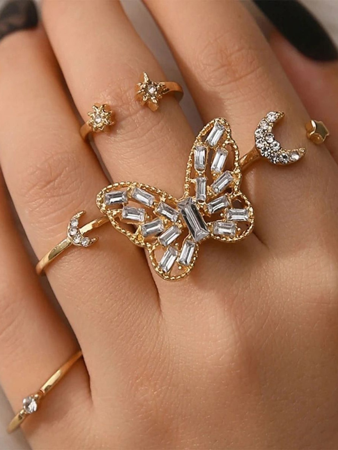 

Jewels Galaxy Set Of 5 Gold-Plated Stone Studded Stackable Finger Rings