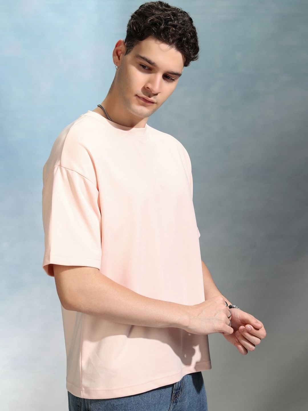 

HIGHLANDER Men Solid Round Neck Cotton Oversized Sports T-Shirt, Peach