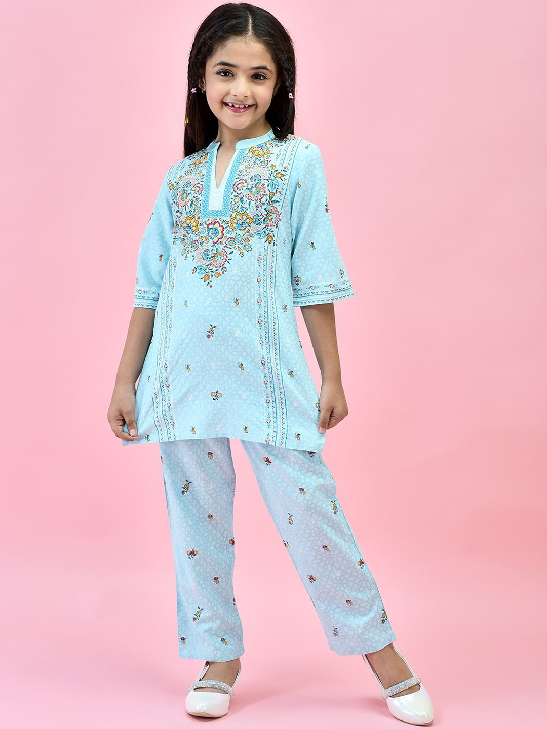 

Juniper Girls Printed Kurti With Trousers, Blue