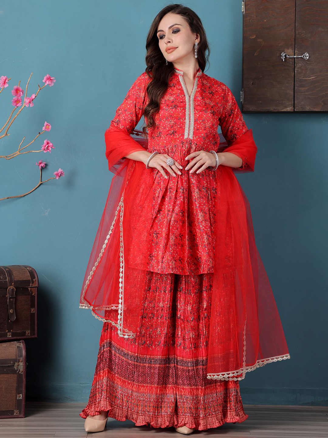 

Ethnovog Ethnic Motifs Printed Empire Kurti with Palazzos & Dupatta, Red