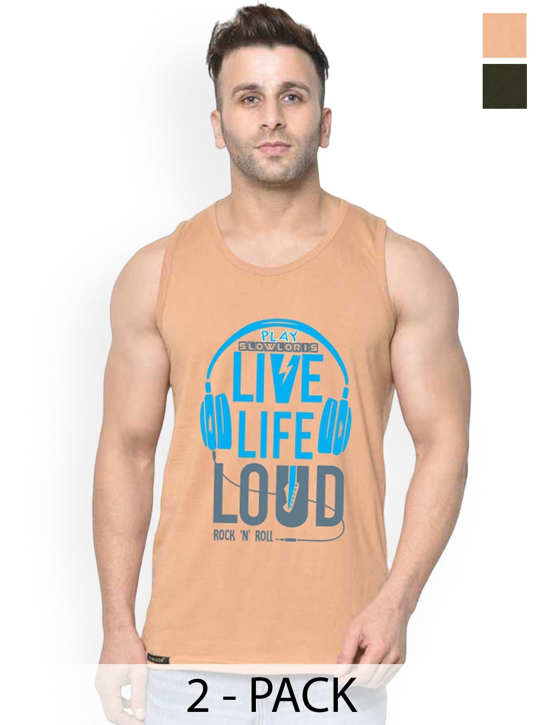 

SLOWLORIS Pack Of 2 Printed Cotton Vests-SL26 COMBO (LOUD RUST) (ADV OLIVE)