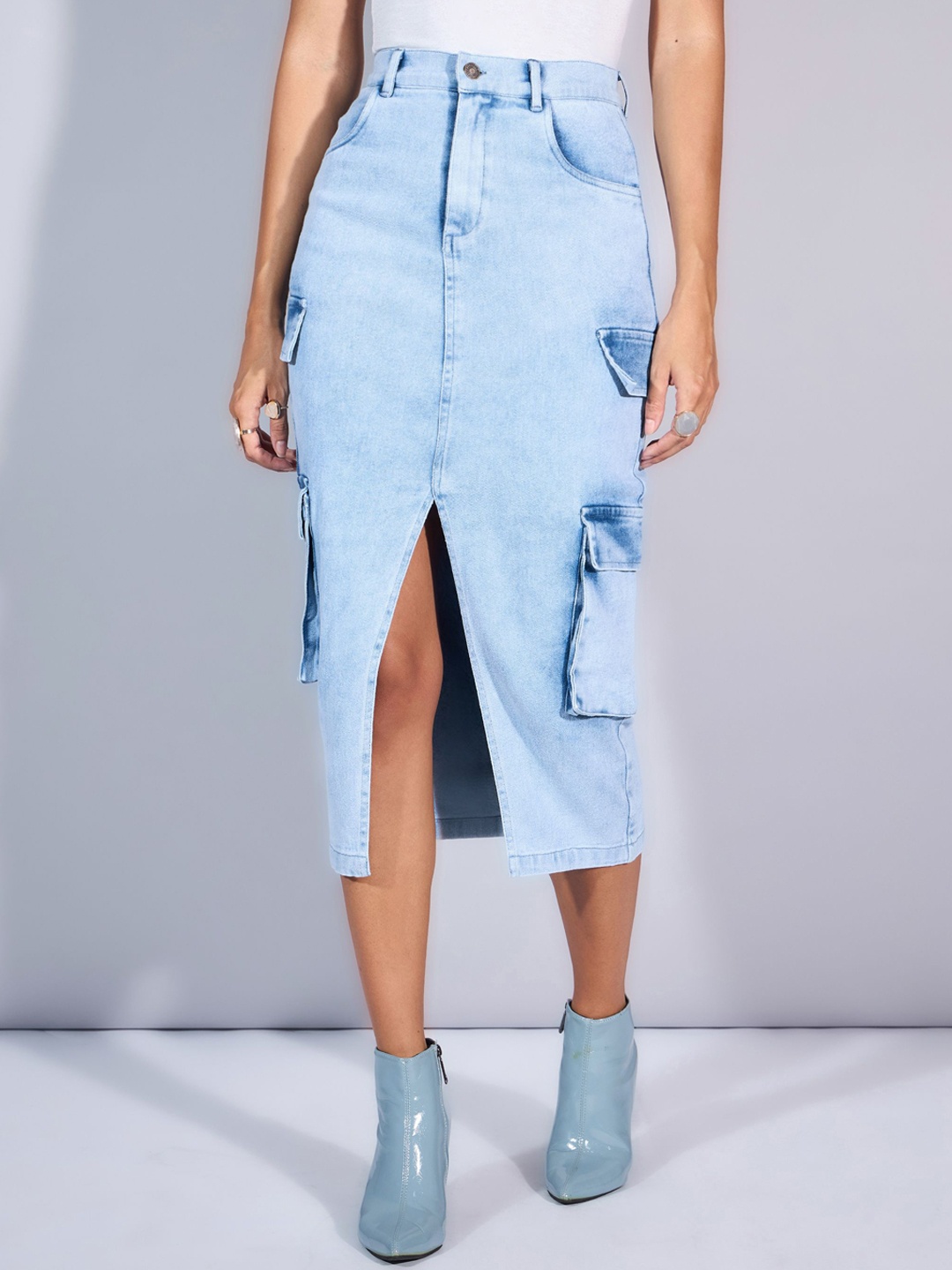 

SASSAFRAS Denim High Rise Box Pocket Pencil Midi Skirts, Blue