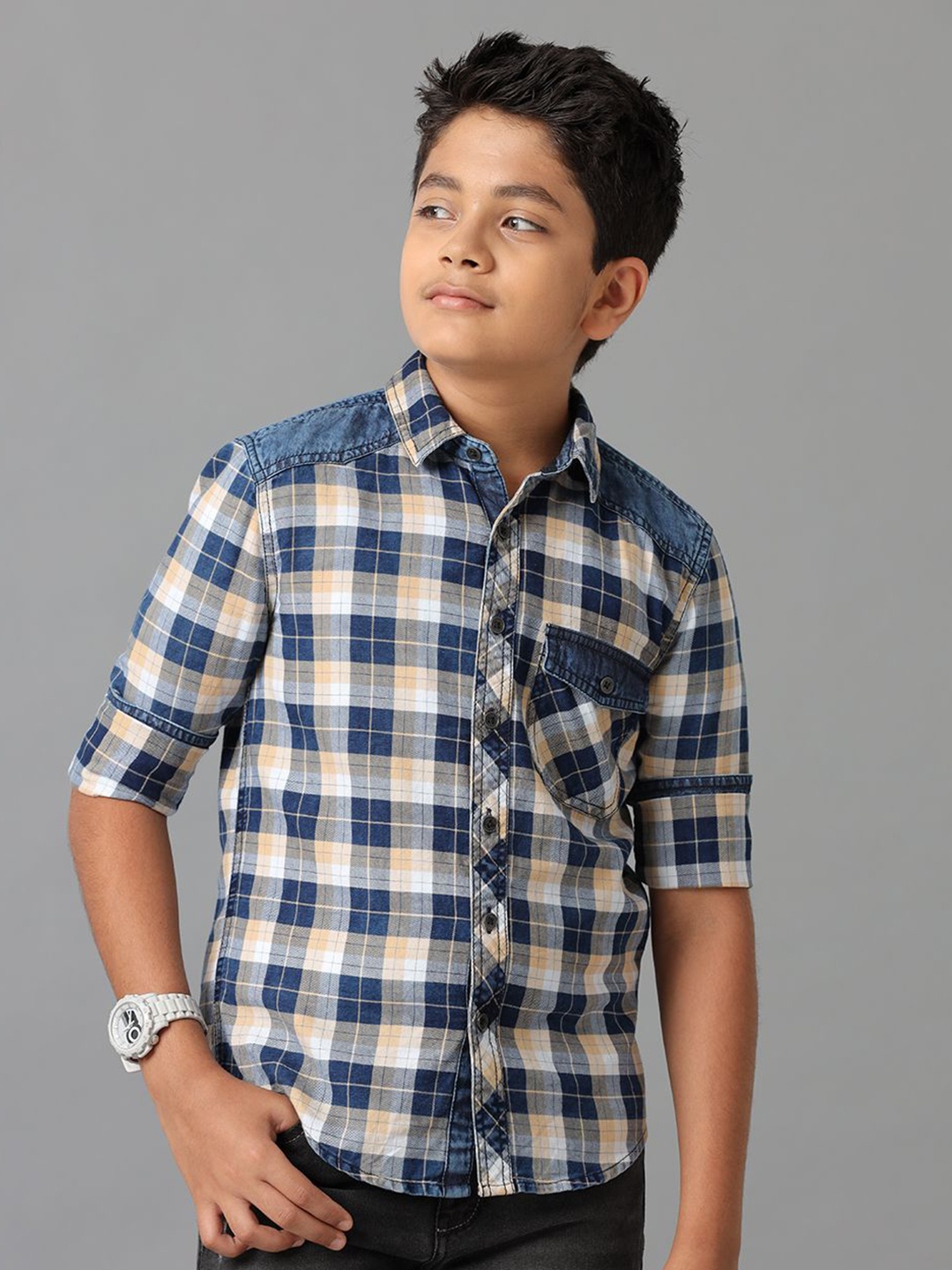 

UNDER FOURTEEN ONLY Boys Tartan Checks Opaque Checked Casual Shirt, Yellow