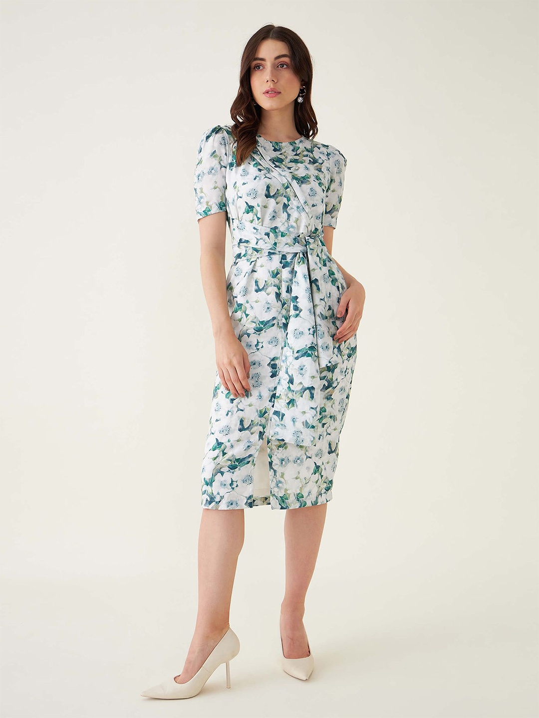 

SALT ATTIRE Round Neck Floral Print Wrap Dress, Green
