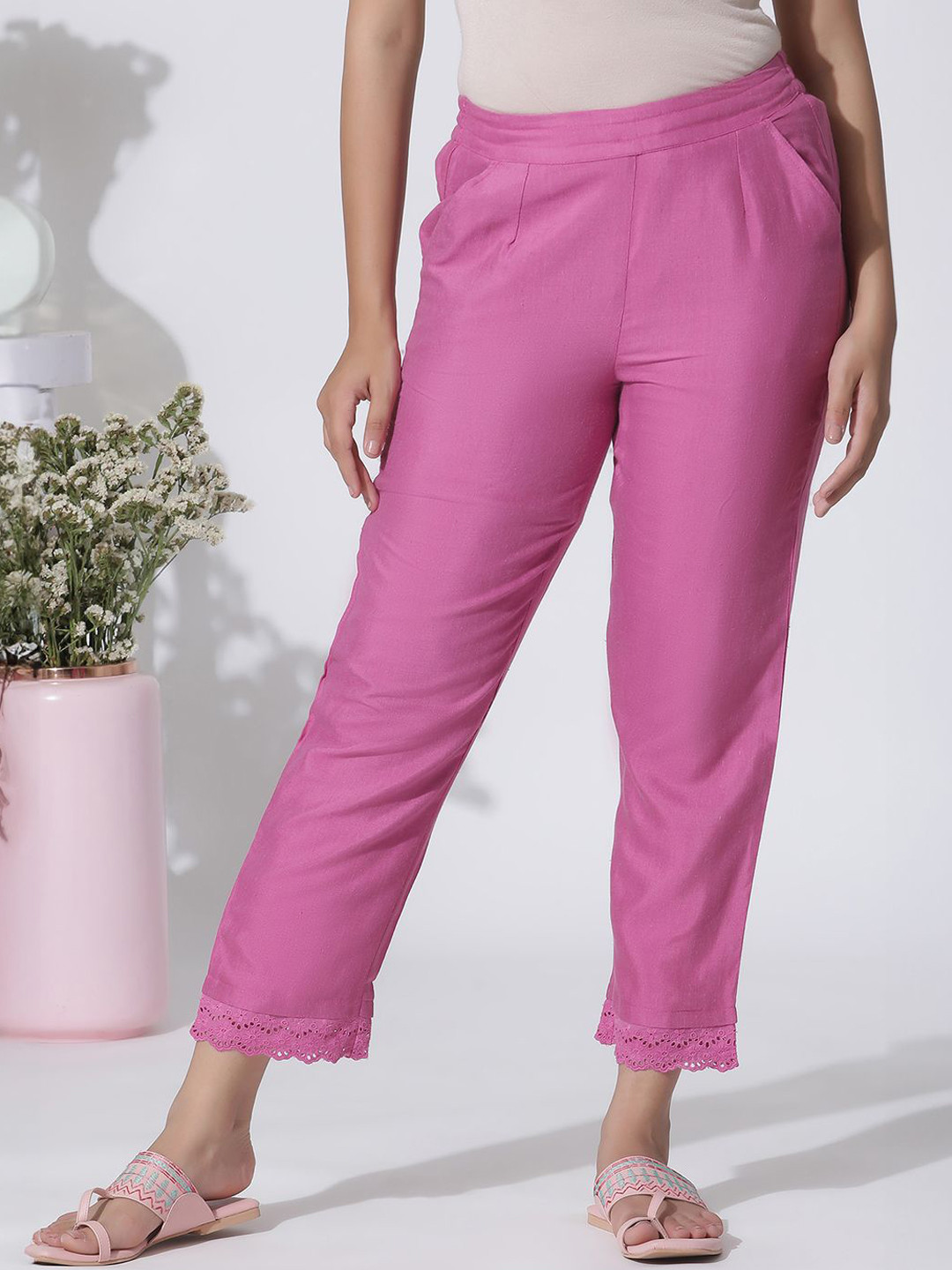 

W Women Straight Fit Pleated Lace Trousers, Pink