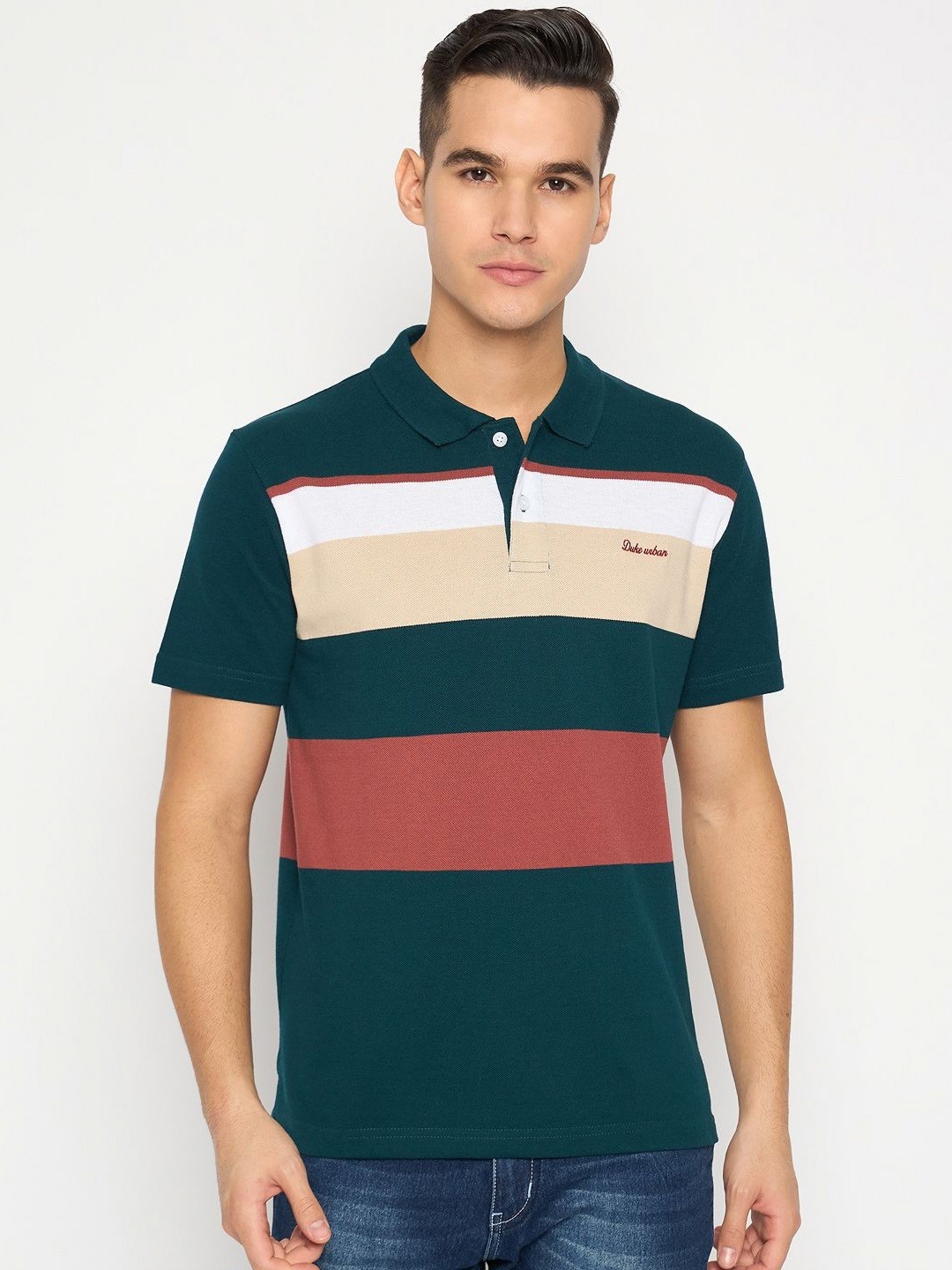 

Duke Men Striped Polo Collar Cotton T-shirt, Green