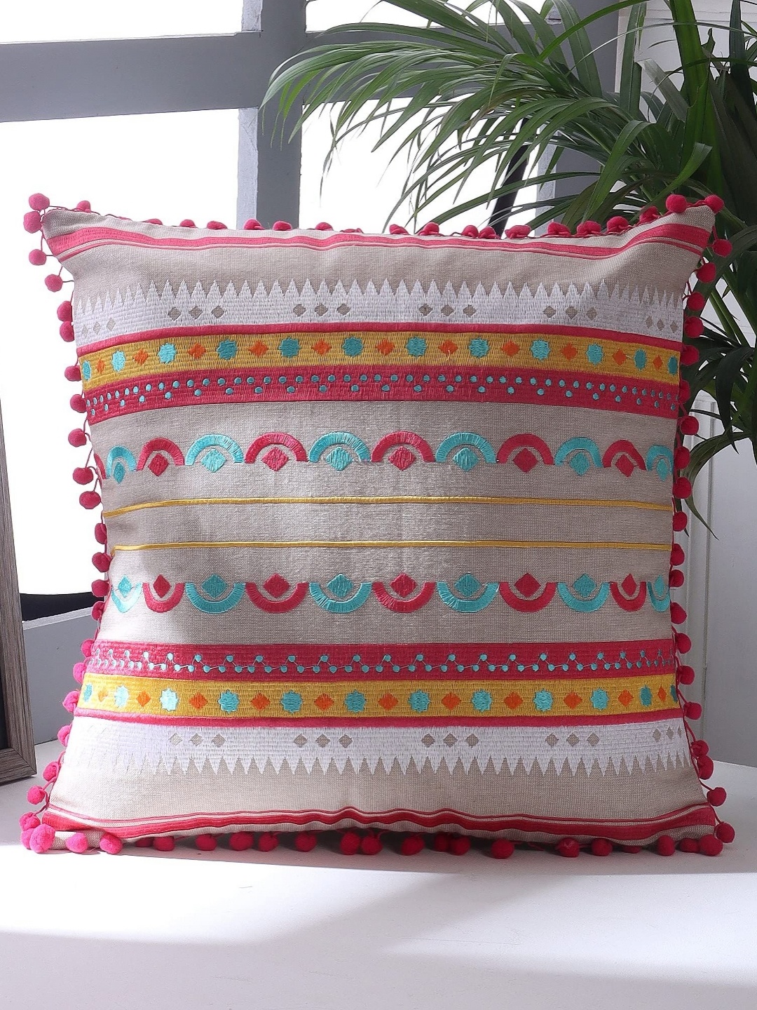 

Decoghar Red Geometric Embroidered Single Cotton Cushion Covers