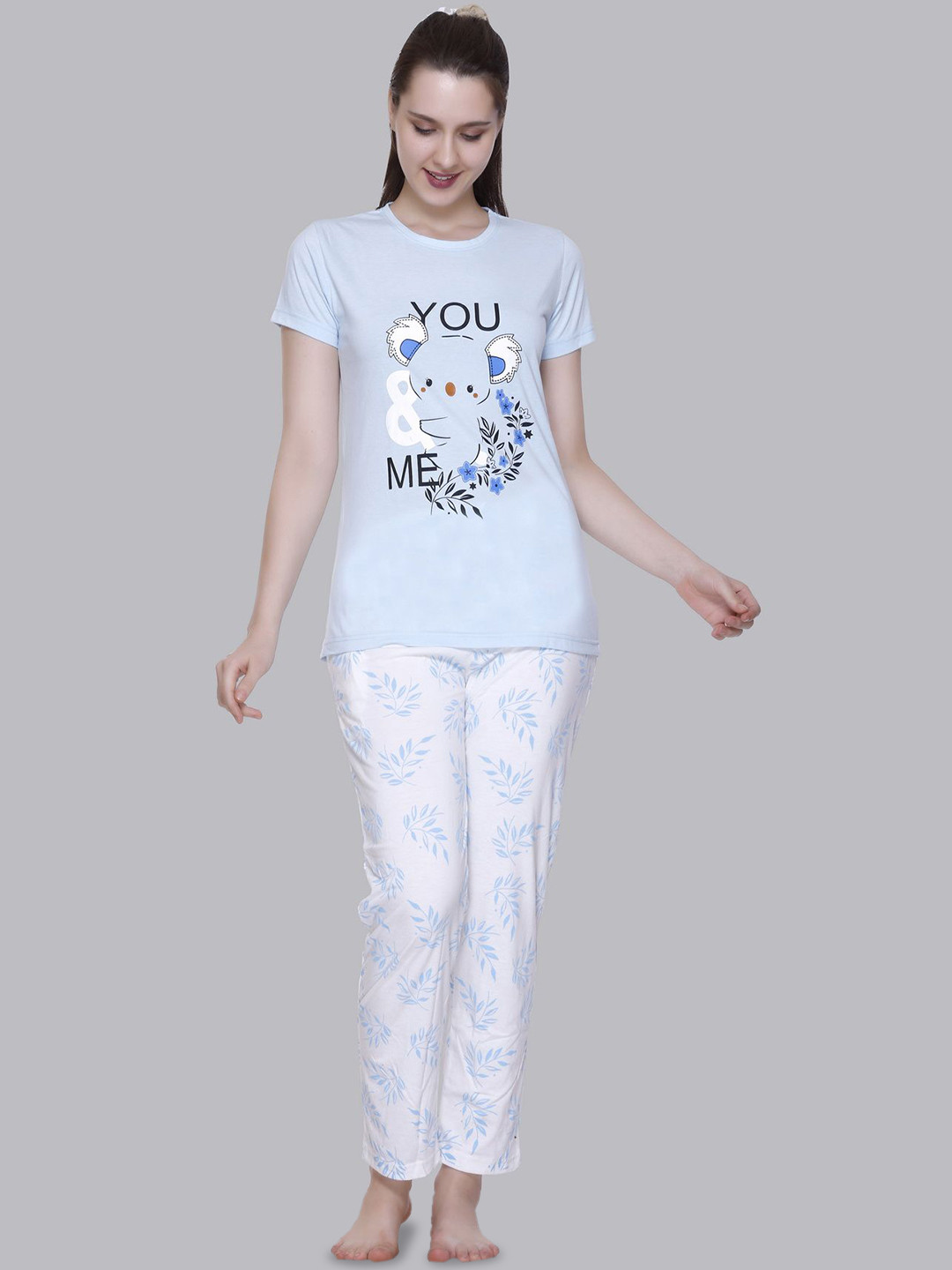 

BAESD Women Round Neck Printed Night suit, Blue