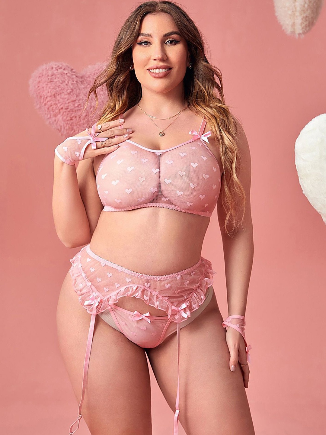 

LULU & SKY Plus Size 3 Set Women Non-Padded Lingerie Set, Pink