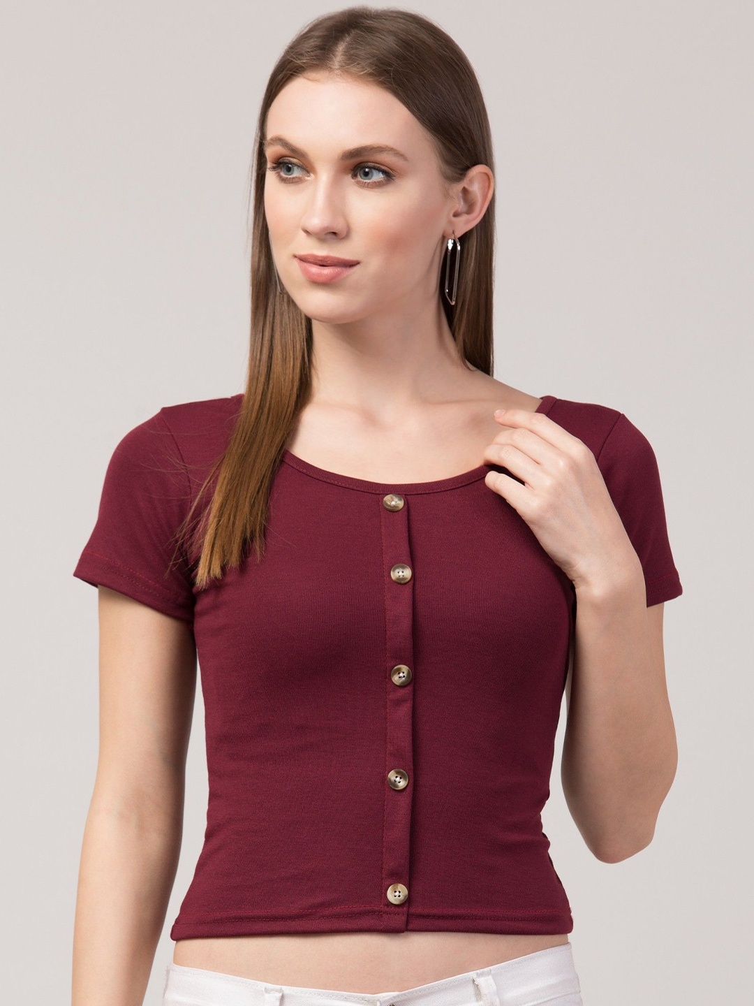 

Nalax Designs Women Round Neck Short Sleeves Crop Top, Maroon