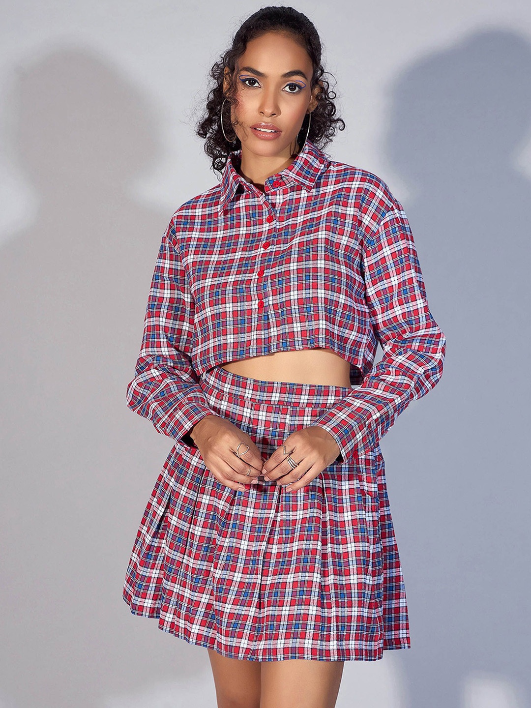 

SASSAFRAS Red Checked Pure Cotton Crop Shirt With Mini Skirt