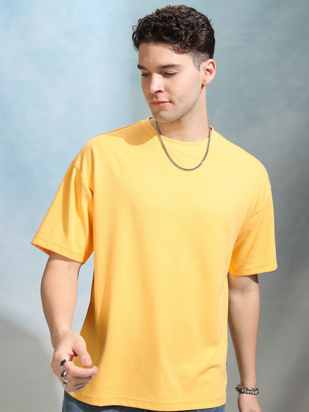 

HIGHLANDER Men Solid Round Neck Cotton Oversized Sports T-Shirt, Yellow