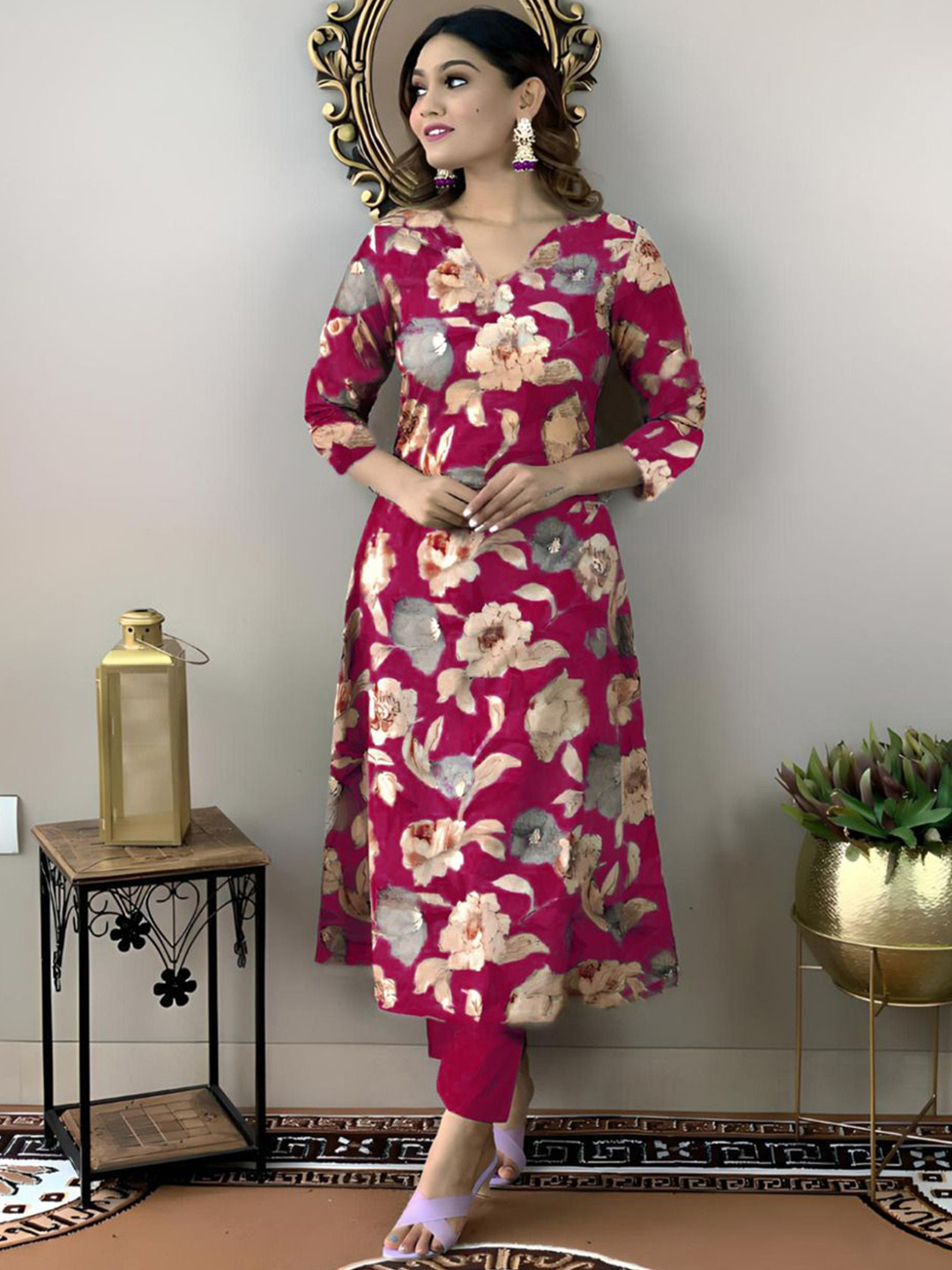 

Anni Designer Floral Printed V-Neck Regular Straight Kurta with Trousers, Pink