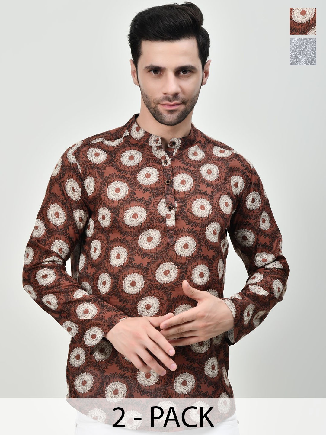 

BAESD Pack of 2 Floral Printed Band Collar Pure Cotton Short Kurta, Brown