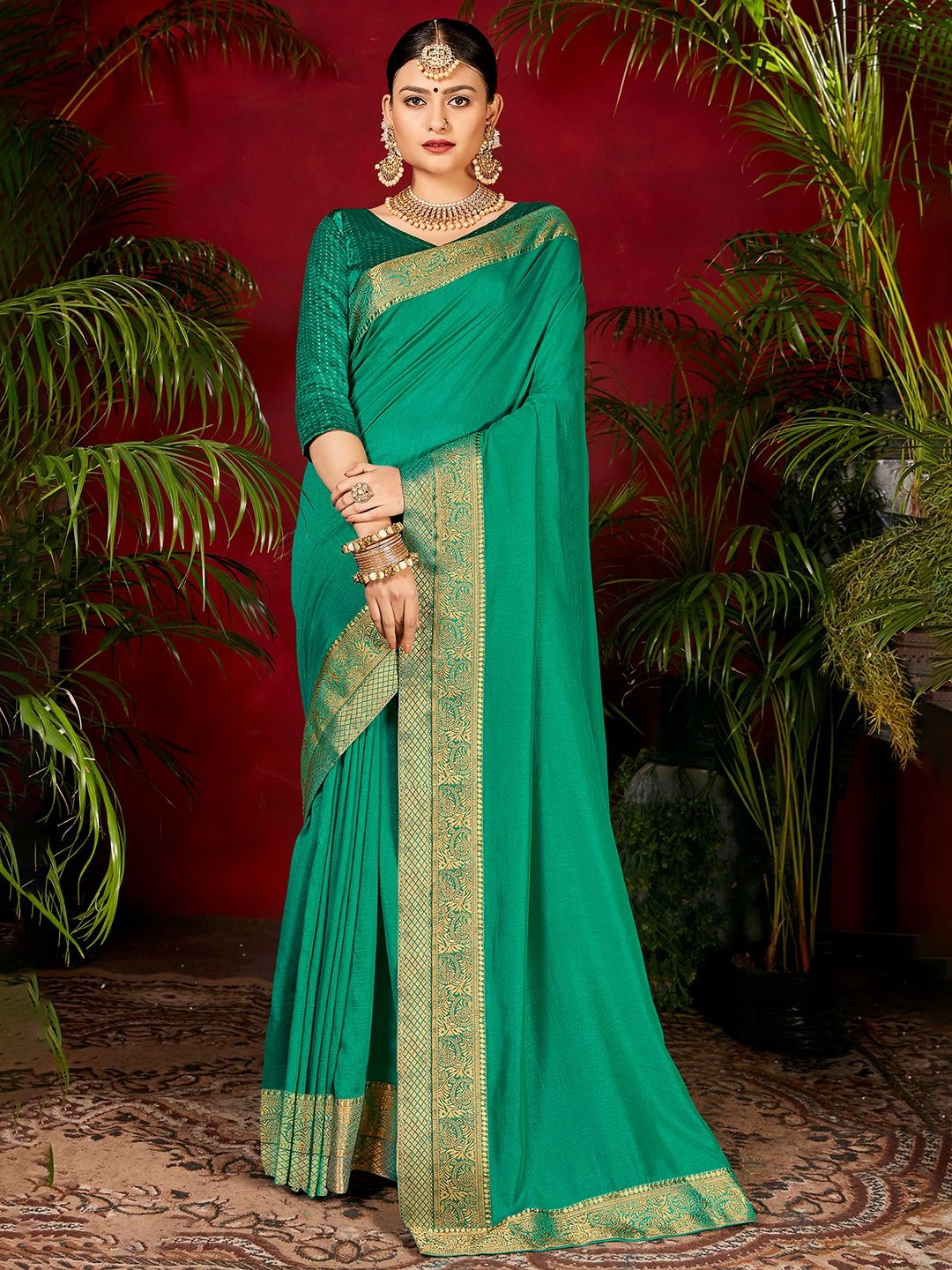 

Saree mall Ethnic Embellished Banarasi Zari Sarees, Sea green