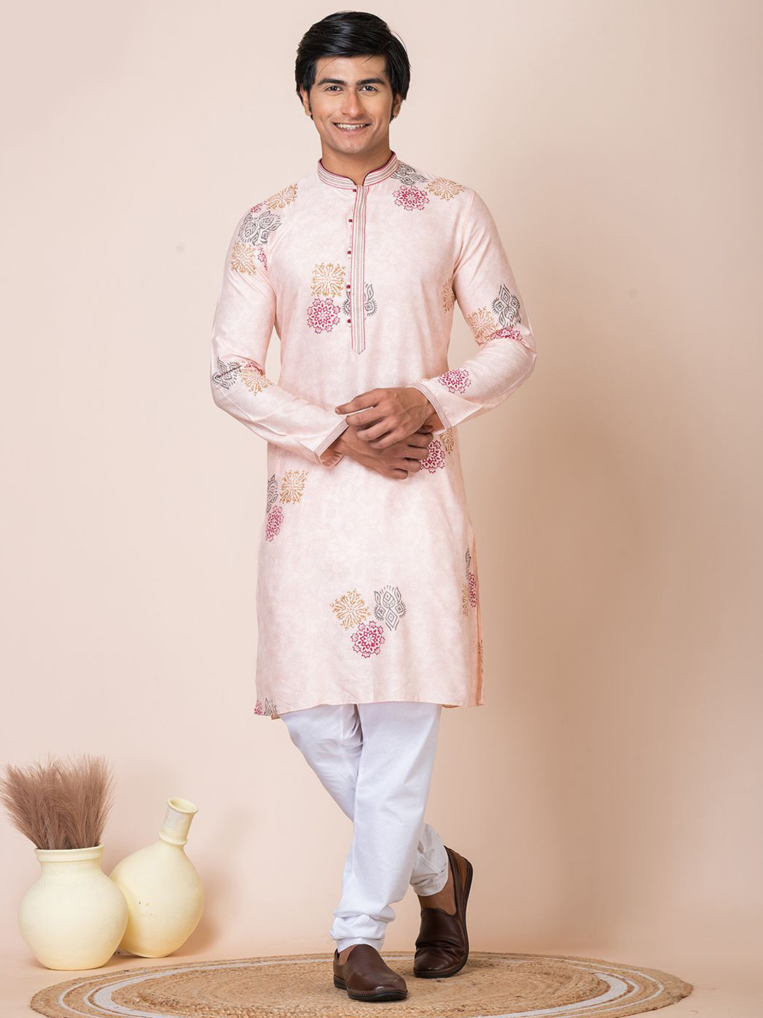 

HU - Handcrafted Uniquely Floral Block & Screen Printed Pure Silk Kurta with Churidar, Pink