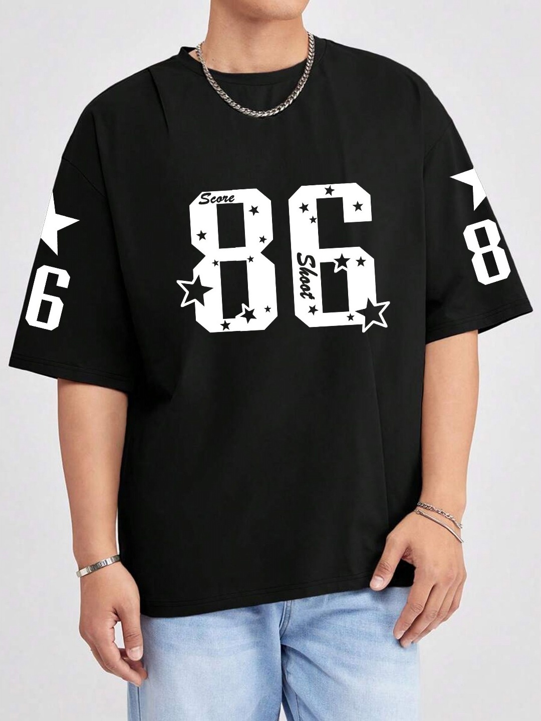 

TABADTOD Men Varsity Printed V-Neck Applique T-shirt, Black