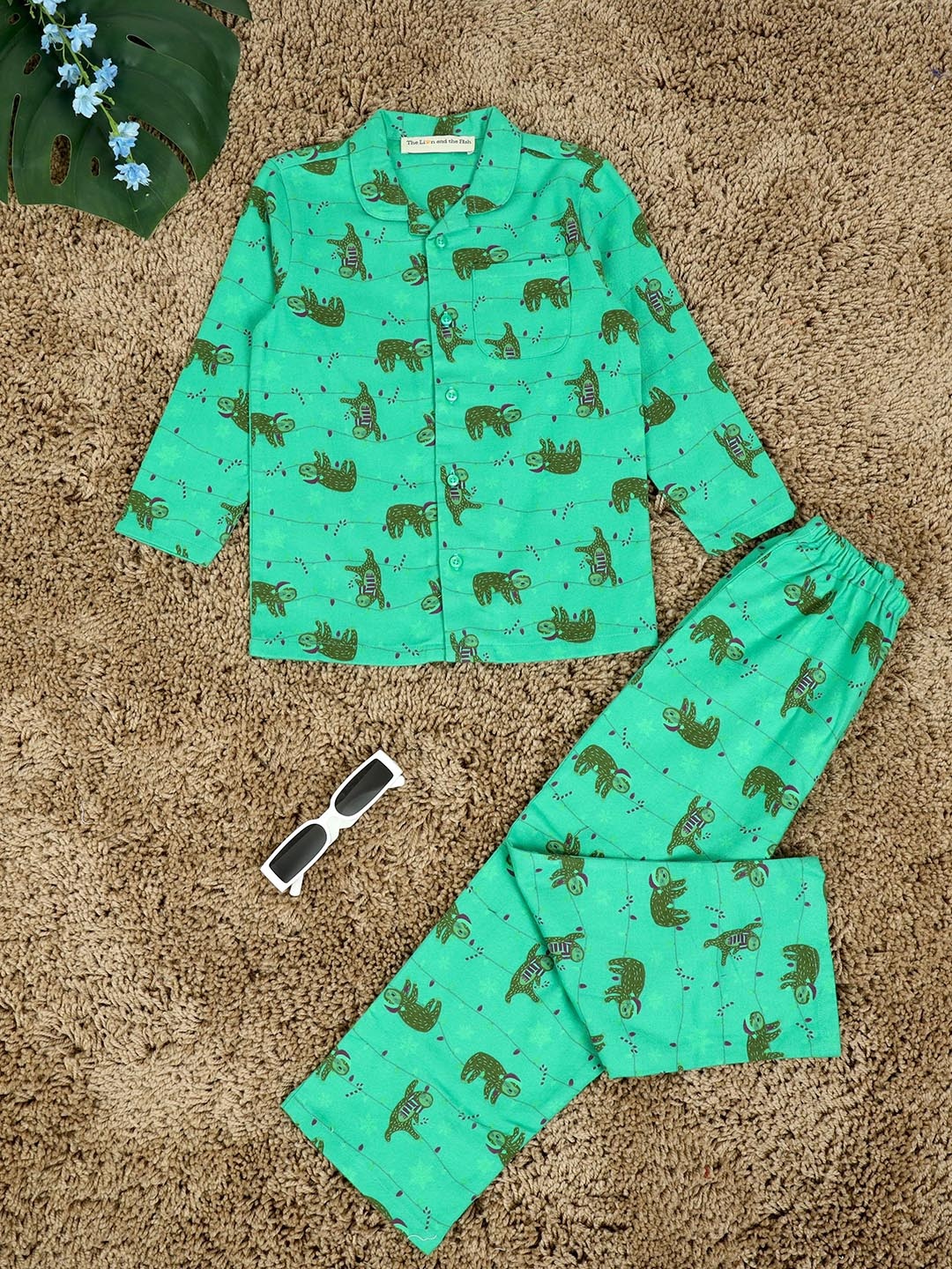 

The Lion and The Fish Boys Printed Pure Cotton Shirt Collar Night suit, Green