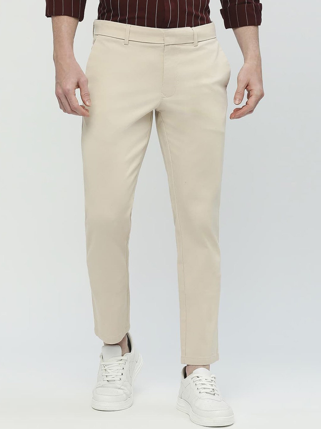 

Basics Men Cotton Mid-Rise Flat-Front Slim Fit Trousers, Brown