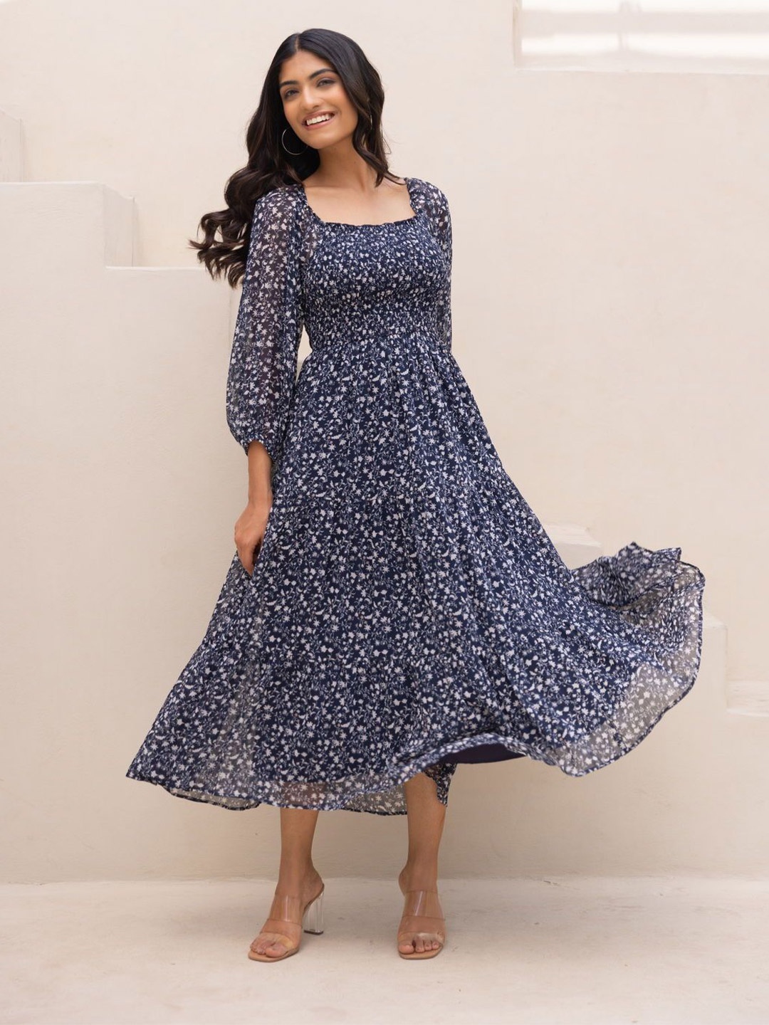 

Polago Clothing Floral Print Georgette Square Neck Empire Maxi Dress, Navy blue