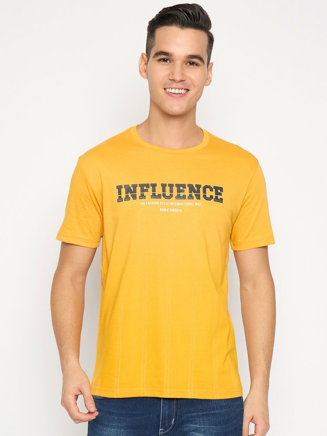 

Duke Men Graphic Printed Round Neck Cotton Slim Fit T-shirt, Yellow