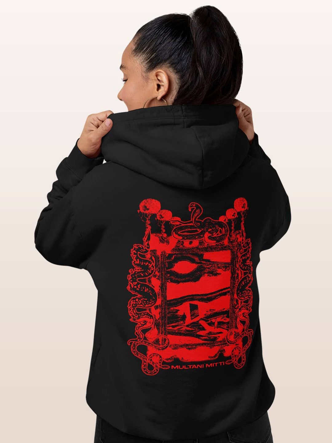 

macmerise Women Printed Hooded Sweatshirt, Black