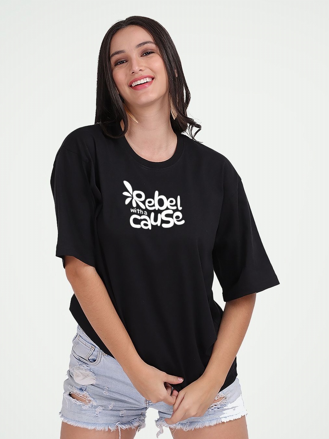 

Mad Over Print Women Printed Round Neck Cotton Oversized T-shirt, Black