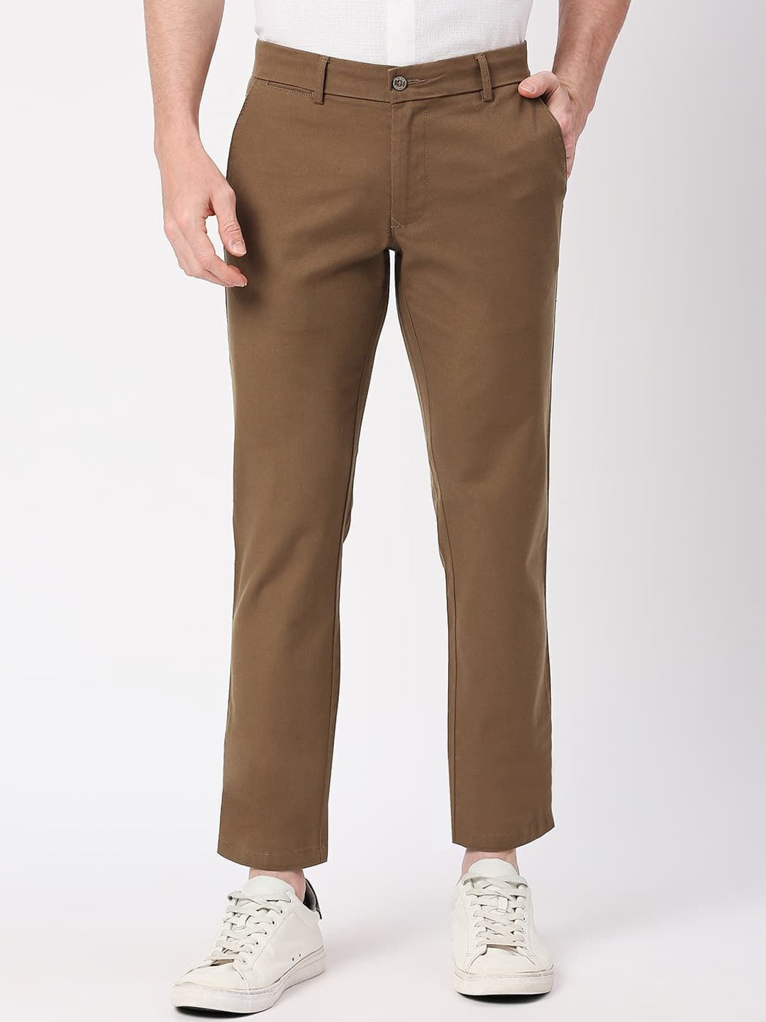 

Basics Men Slim Fit Mid-Rise Flat-Front Trousers, Brown