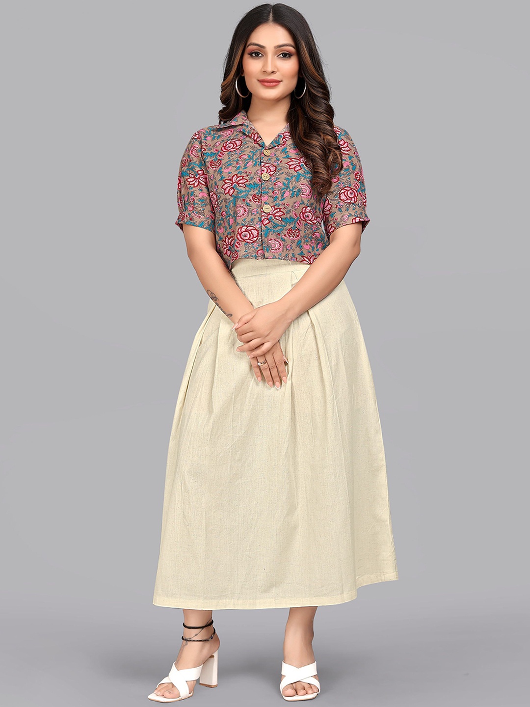 

Kinjo Cotset Floral Printed Pure Cotton Shirt & Skirt, Beige