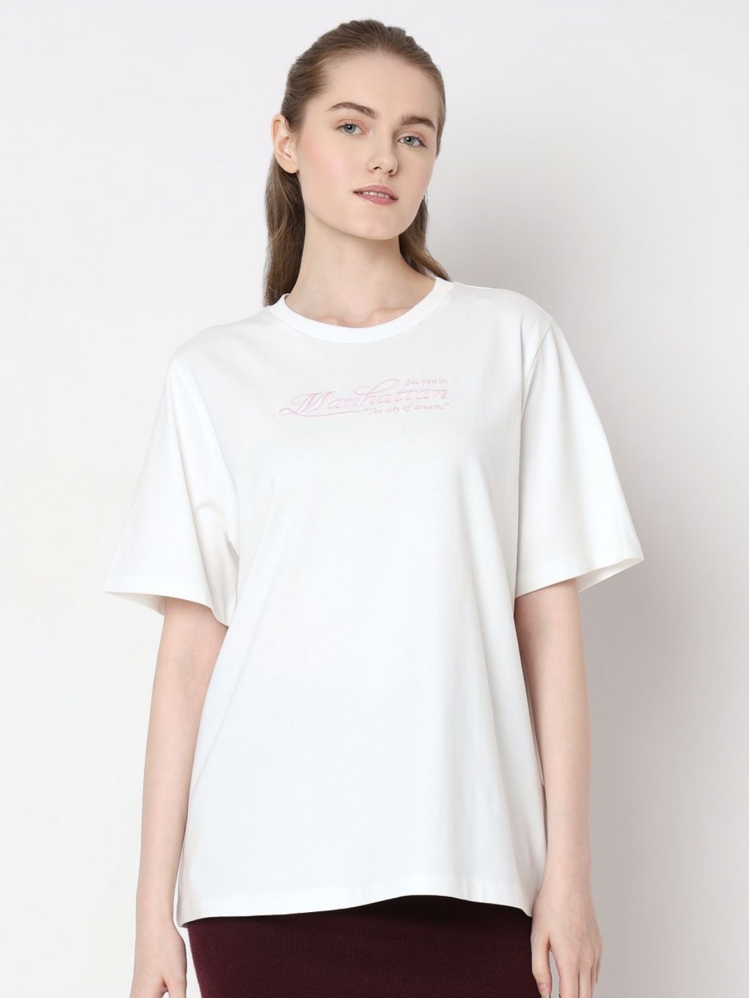 

Vero Moda Women Solid Round Neck Organic Cotton Relaxed Fit T-shirt, White