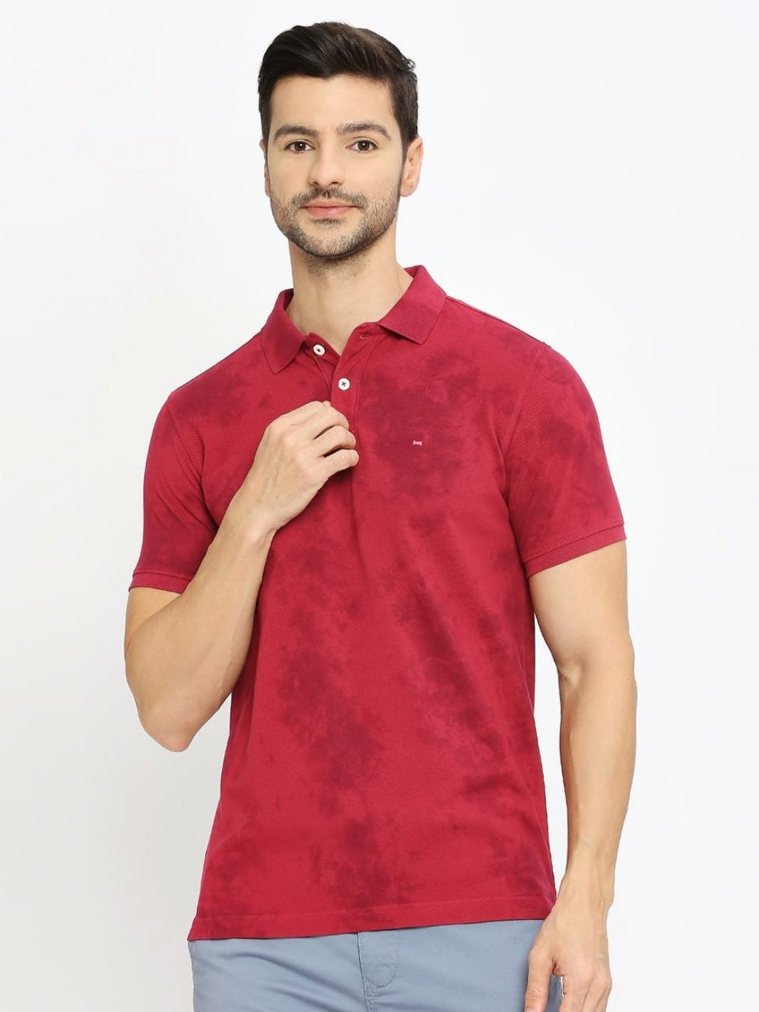 

Basics Men Tie and Dye Printed Polo Collar Cotton Slim Fit T-shirt, Pink