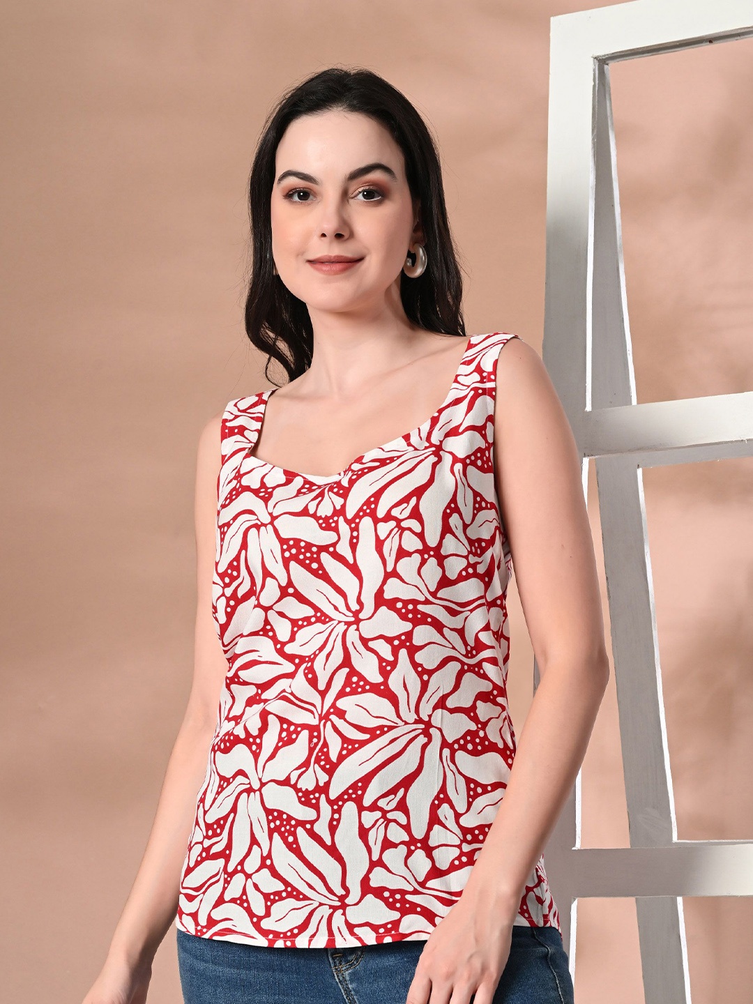 

ANNSH APPAREL Women Geometric Printed Cotton Styled Back Top, Red