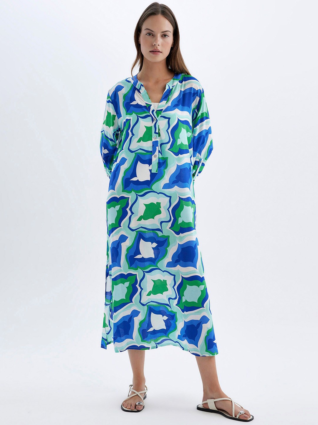 

DeFacto Printed Mandarin Collar Swimwear Cover Up, Blue