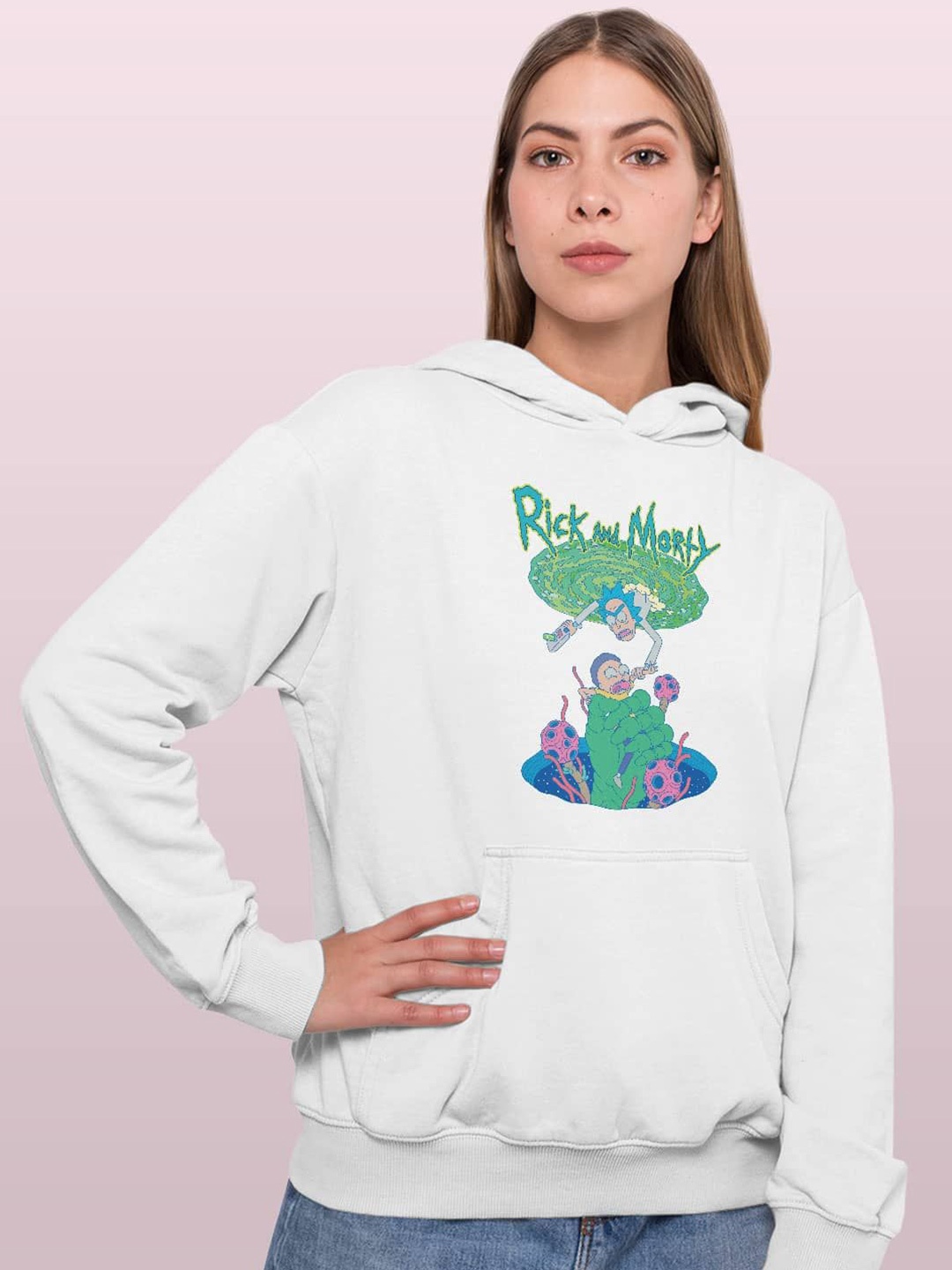 

macmerise Women Printed Hooded Sweatshirt, White