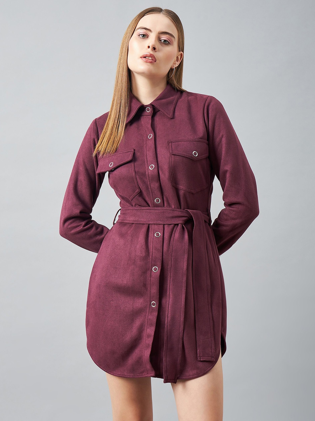 

DELAN Cuffed Sleeves Shirt Dress, Maroon