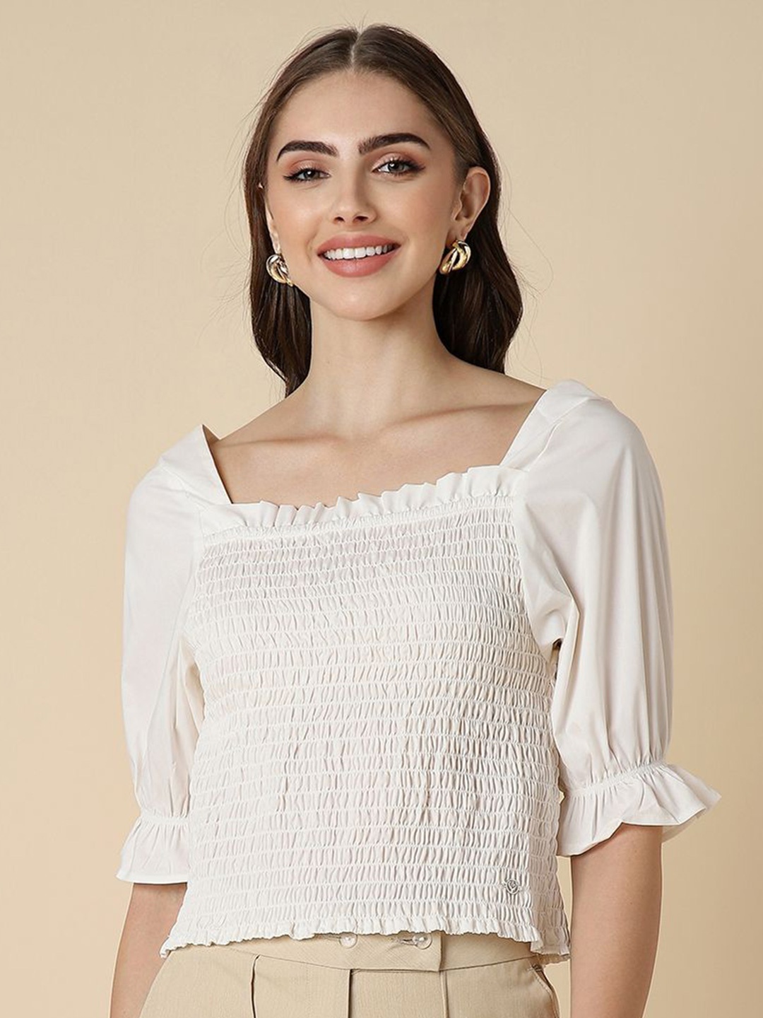 

Allen Solly Woman Puff Sleeve Cotton Top, White