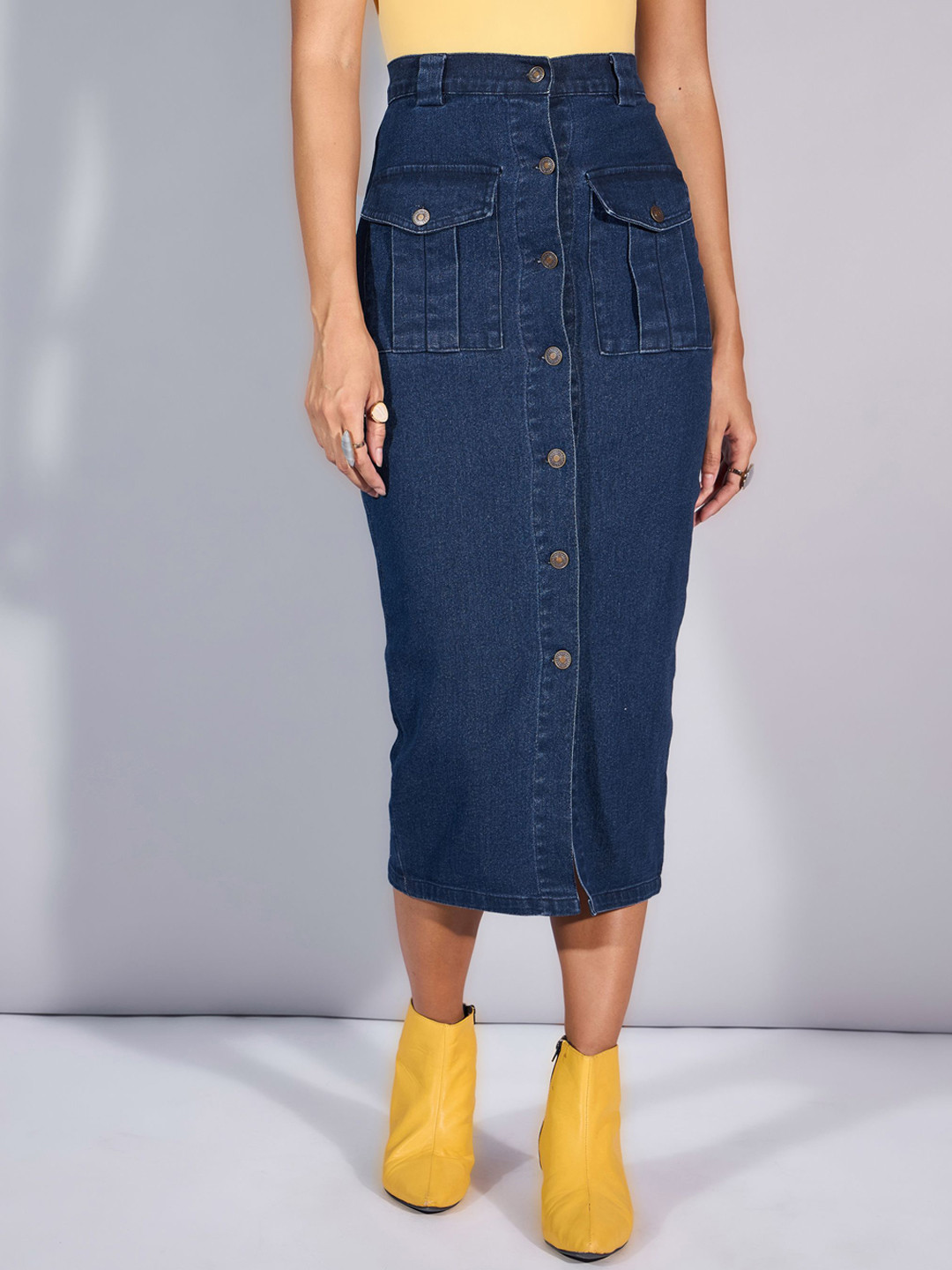 

SASSAFRAS Denim Pencil Midi Cargo Styles Skirt, Blue